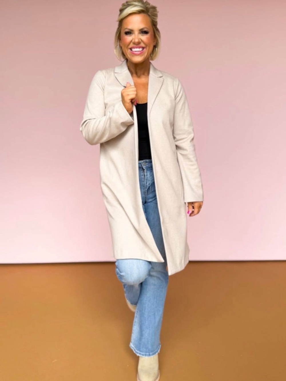 Beige Open Front Notched Lapel Half Coat
